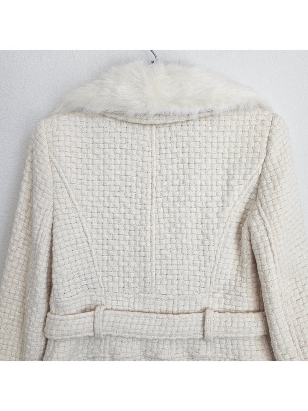 Marciano Cream Wool Blend Belted Coat Faux Fur Collar M - Picture 5 of 13